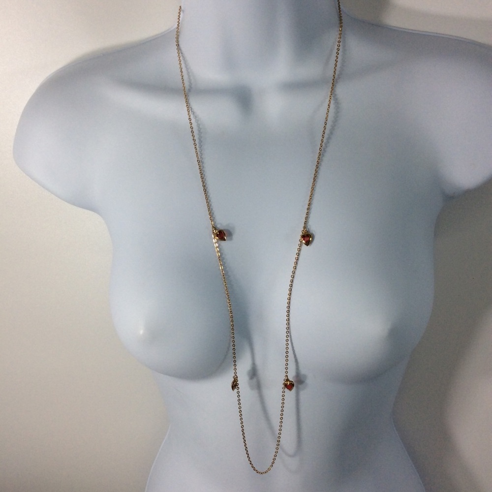 Vintage Sarah Coventry Red Party Hearts Lariat Necklace Gold Tone Red Hearts 32"